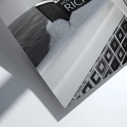 Cat Reading How To Be Rich Poster | Black and White Art Print | Funny Animal Wall Decor | Vintage Style Home Artwork