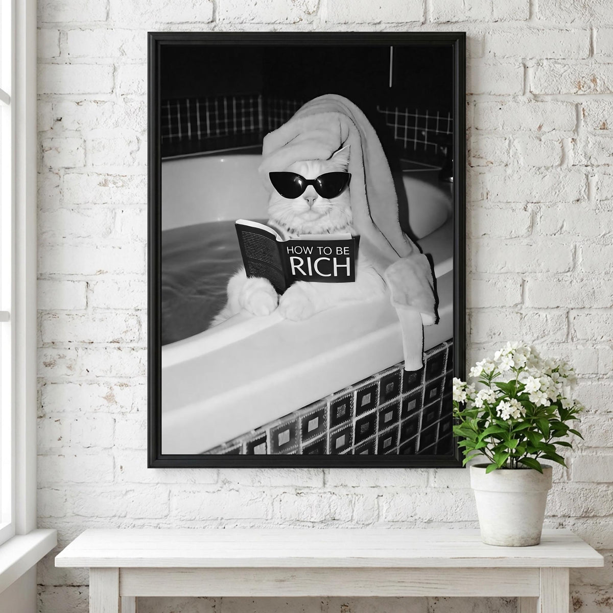 Cat Reading How To Be Rich Poster | Black and White Art Print | Funny Animal Wall Decor | Vintage Style Home Artwork