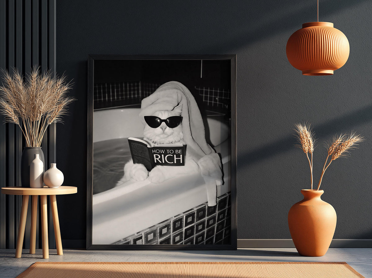Cat Reading How To Be Rich Poster | Black and White Art Print | Funny Animal Wall Decor | Vintage Style Home Artwork