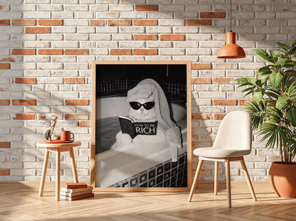 Cat Reading How To Be Rich Poster | Black and White Art Print | Funny Animal Wall Decor | Vintage Style Home Artwork
