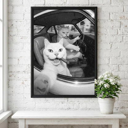 Cats Driving Cigars Poster | Black and White Art Print | Funny Animal Wall Decor | Vintage Humor Artwork | Unique Statement Piece