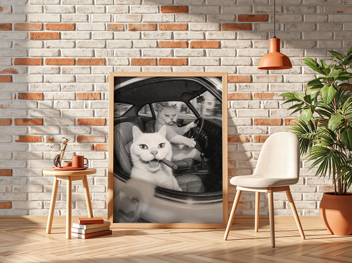 Cats Driving Cigars Poster | Black and White Art Print | Funny Animal Wall Decor | Vintage Humor Artwork | Unique Statement Piece