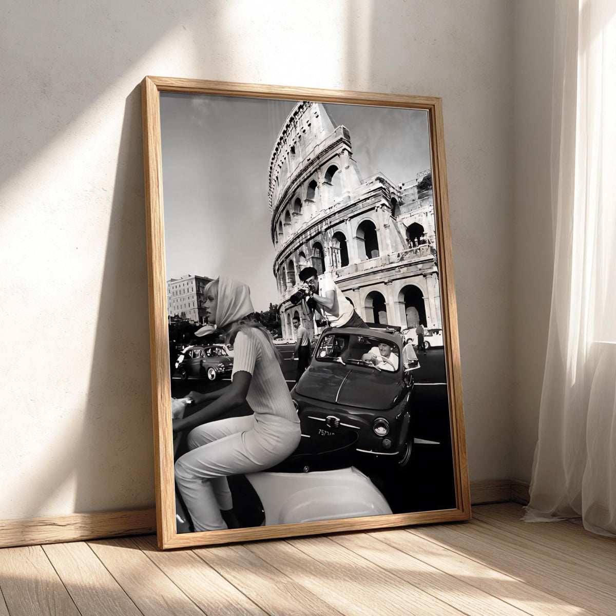 Colosseum Moto Street Scene Poster | Black and White Photography Print | Rome Travel Wall Art | Vintage Italian Lifestyle Decor