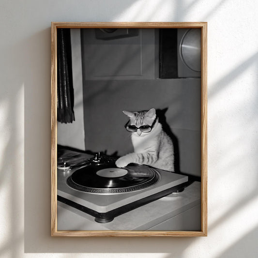 Cool Cat DJ Turntable Poster | Black and White Art Print | Funny Animal Wall Decor | Music Lover Gift | Vintage Style Artwork