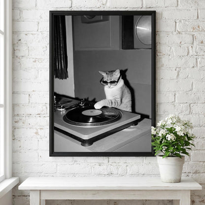 Cool Cat DJ Turntable Poster | Black and White Art Print | Funny Animal Wall Decor | Music Lover Gift | Vintage Style Artwork