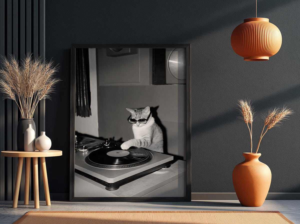 Cool Cat DJ Turntable Poster | Black and White Art Print | Funny Animal Wall Decor | Music Lover Gift | Vintage Style Artwork