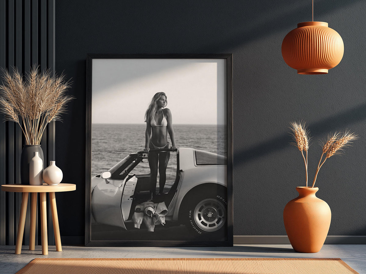 Ocean Cliff Pose Poster | Black and White Photography Print | Classic Car Wall Art | Coastal Road Trip Decor