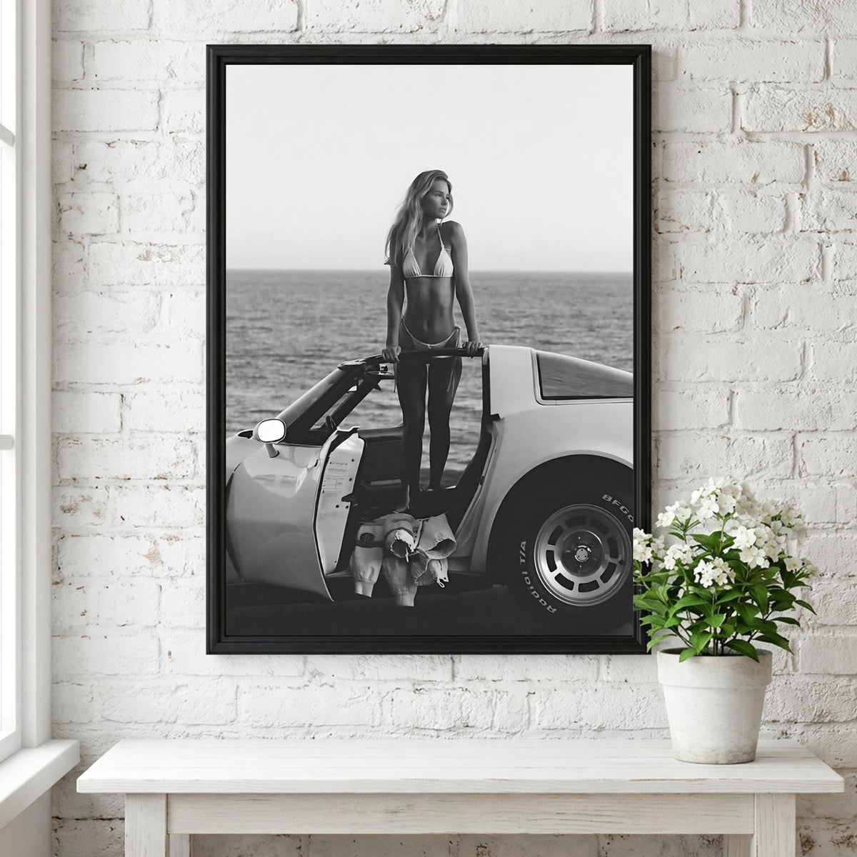 Ocean Cliff Pose Poster | Black and White Photography Print | Classic Car Wall Art | Coastal Road Trip Decor
