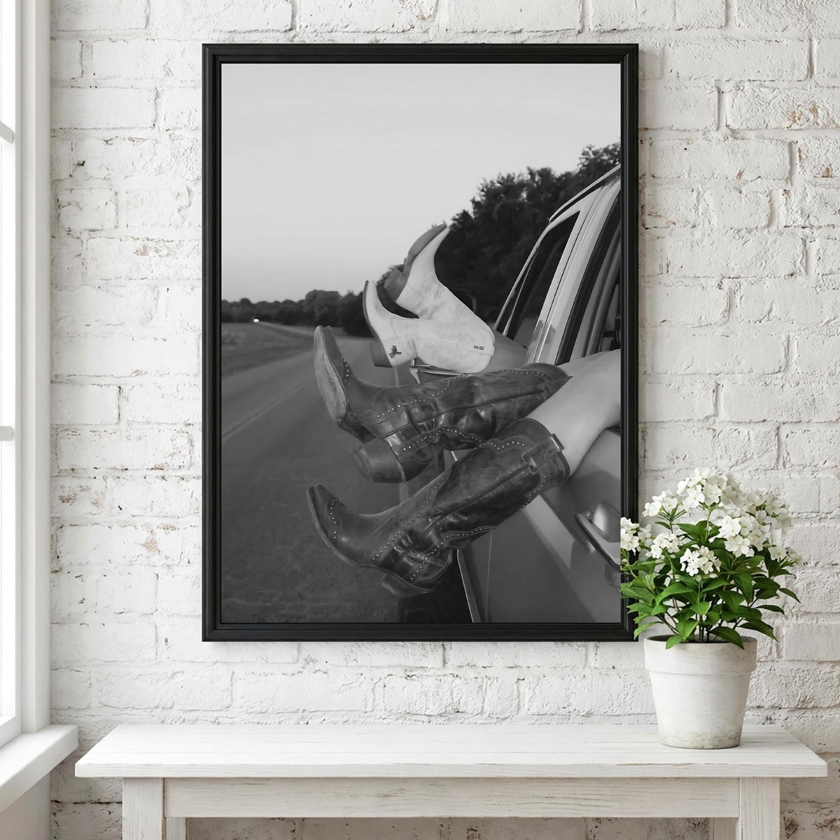 Cowboy Boots Out Car Window Poster | Black and White Photography Print | Western Lifestyle Wall Art | Vintage Road Trip Decor