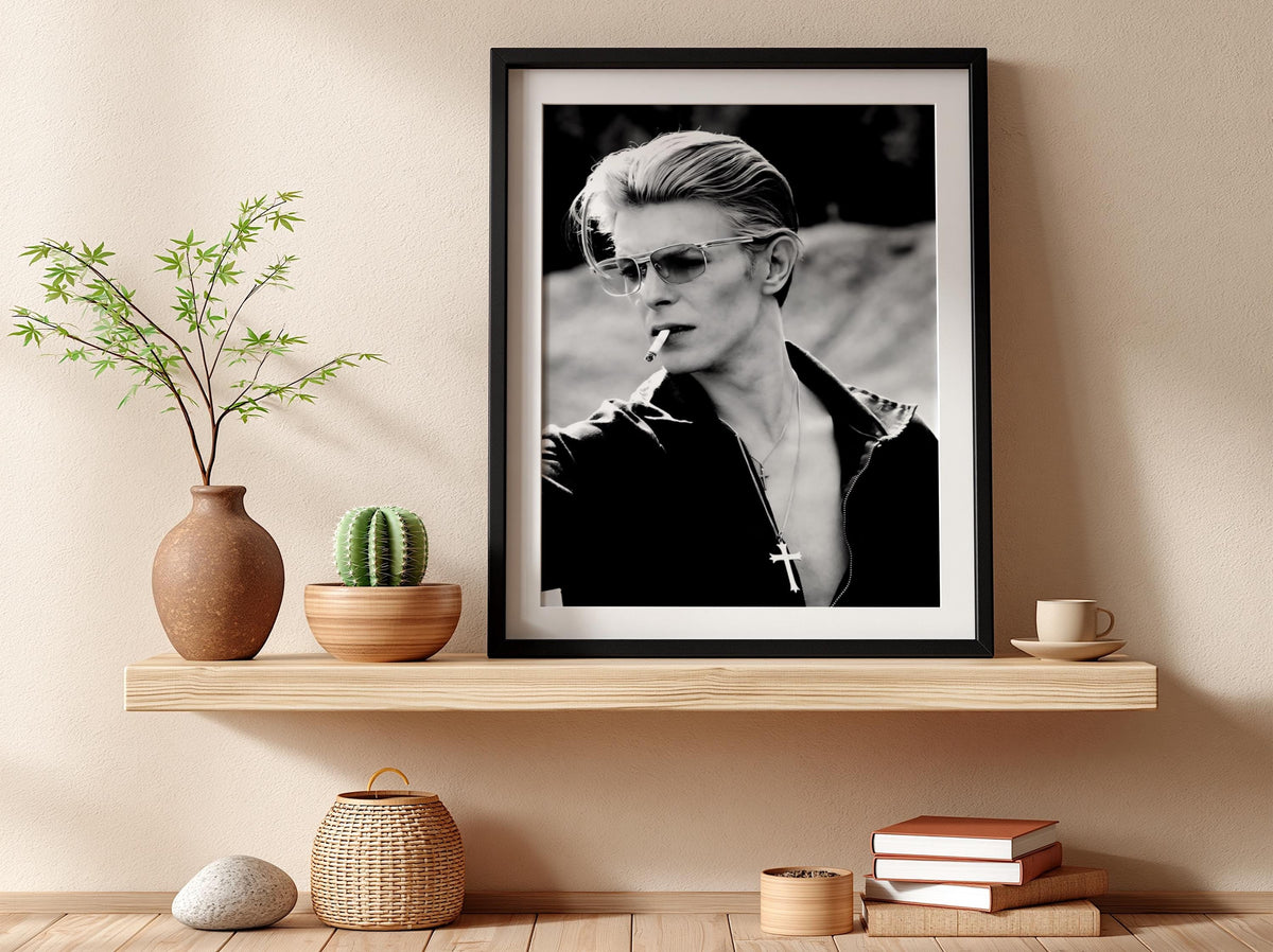 David Bowie Pink Sunglasses Portrait Poster | Black and White Photography Print | Iconic Music Wall Art | Vintage Portrait Decor