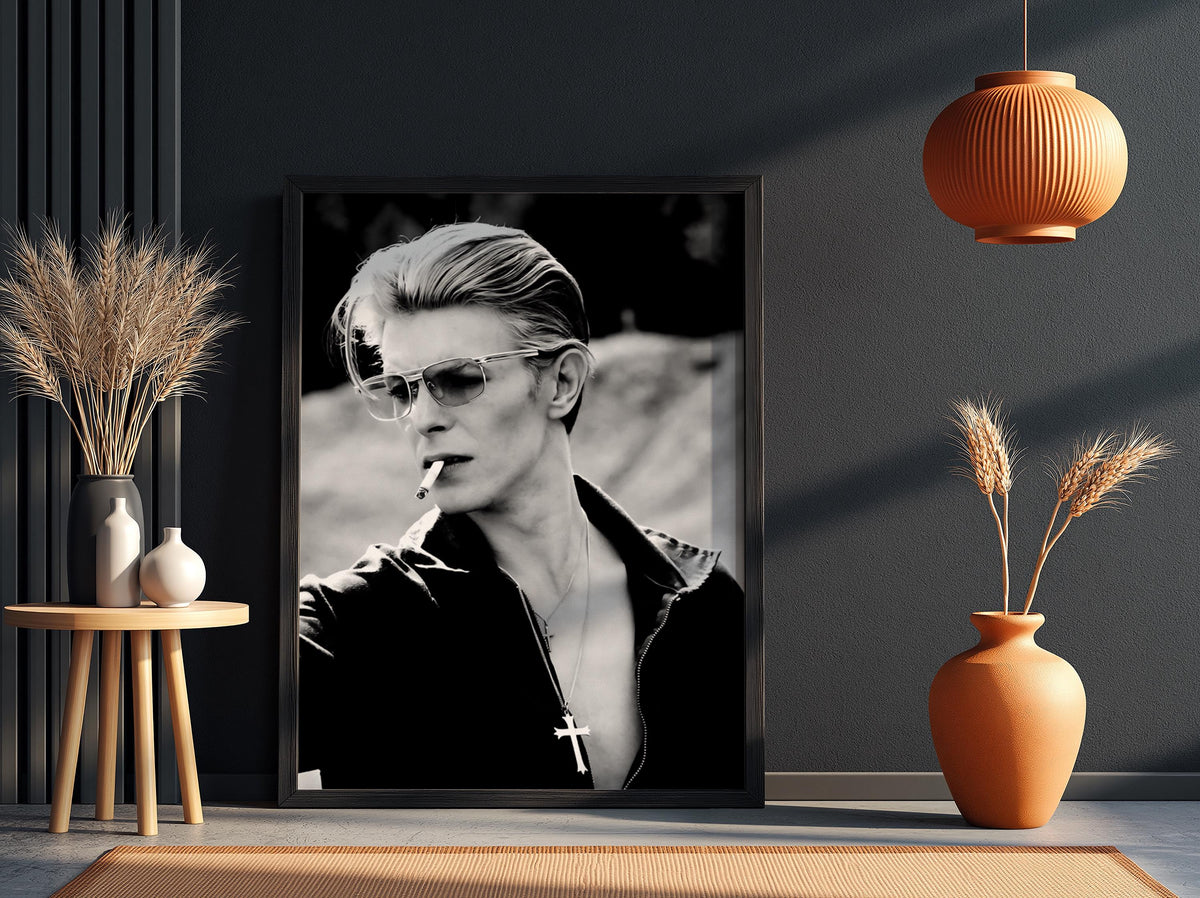 David Bowie Pink Sunglasses Portrait Poster | Black and White Photography Print | Iconic Music Wall Art | Vintage Portrait Decor