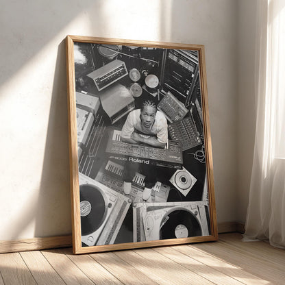 DJ Studio Gear Overhead Poster | Black and White Photography Print | Music Studio Wall Art | Modern Audio Decor