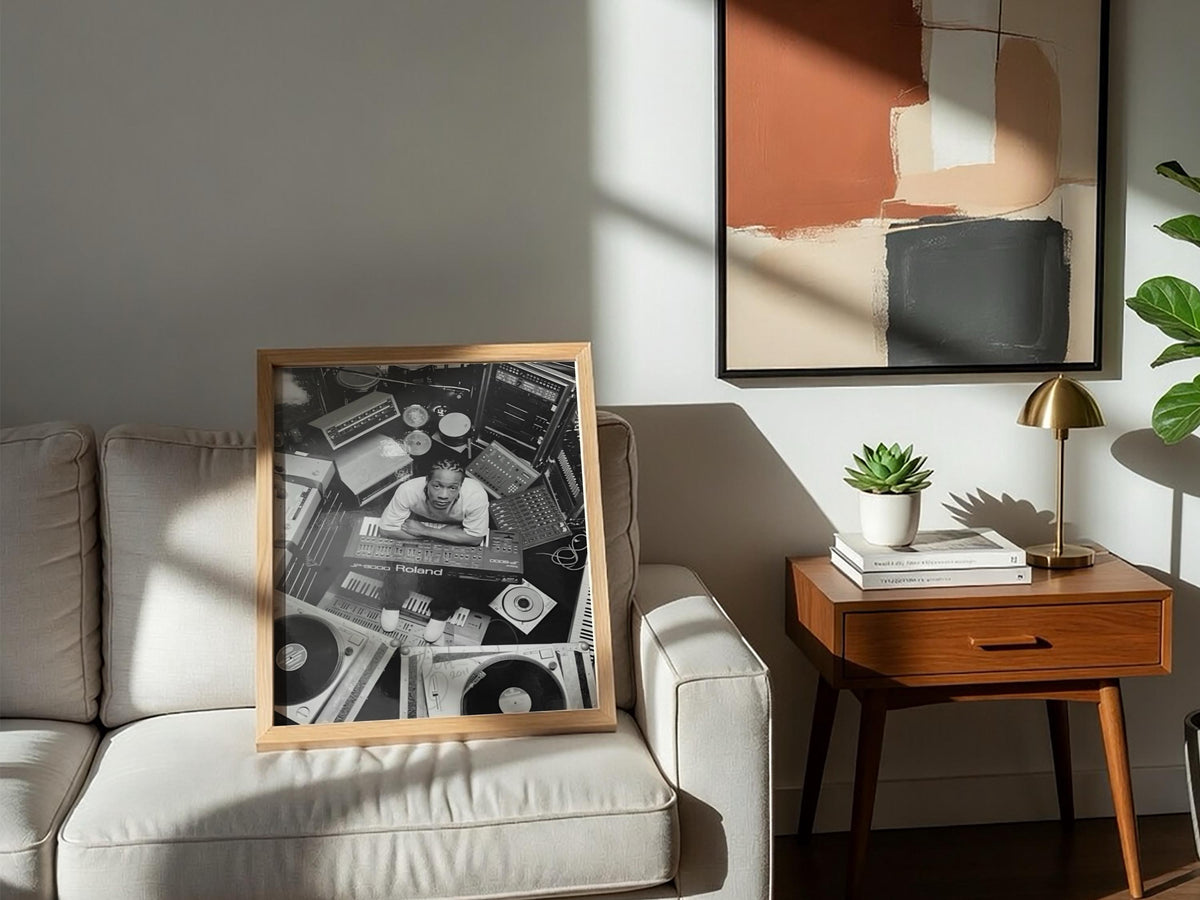 DJ Studio Gear Overhead Poster | Black and White Photography Print | Music Studio Wall Art | Modern Audio Decor