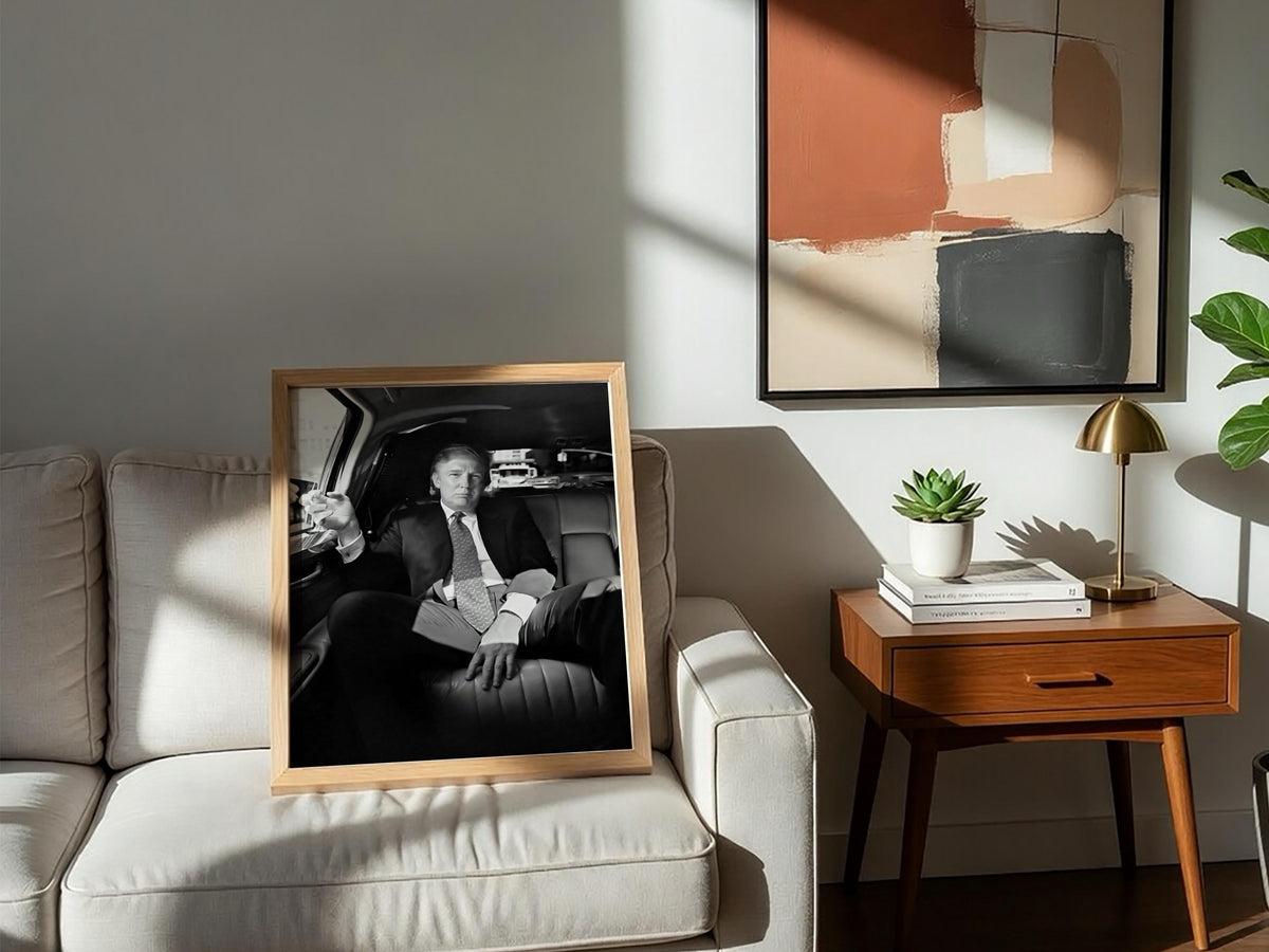 Donald Trump Backseat Limo Portrait Poster | Black and White Photography Print | Luxury Lifestyle Wall Art | Vintage Portrait Decor