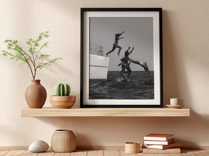 Friends Leaping Off Yacht Poster | Black and White Photography Print | Summer Adventure Wall Art | Ocean Lifestyle Decor