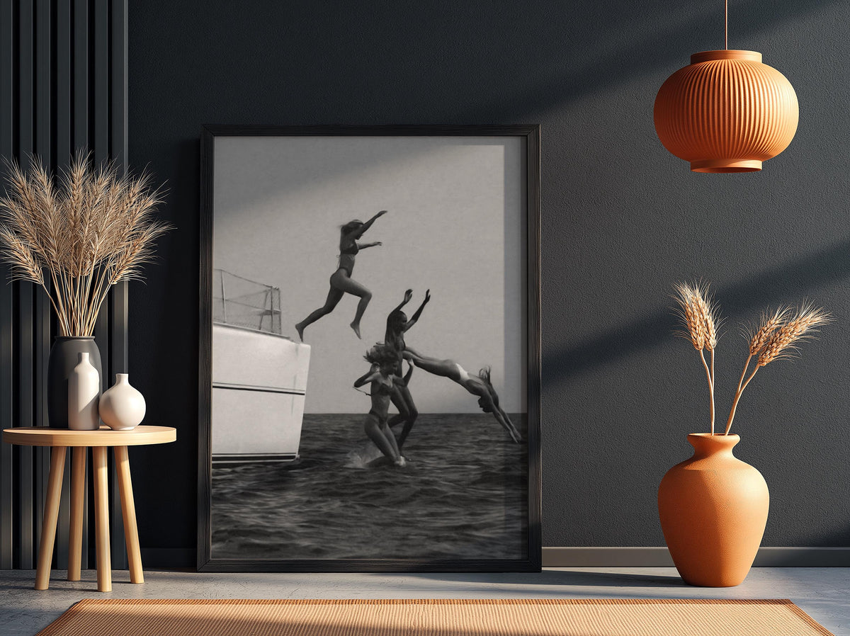 Friends Leaping Off Yacht Poster | Black and White Photography Print | Summer Adventure Wall Art | Ocean Lifestyle Decor