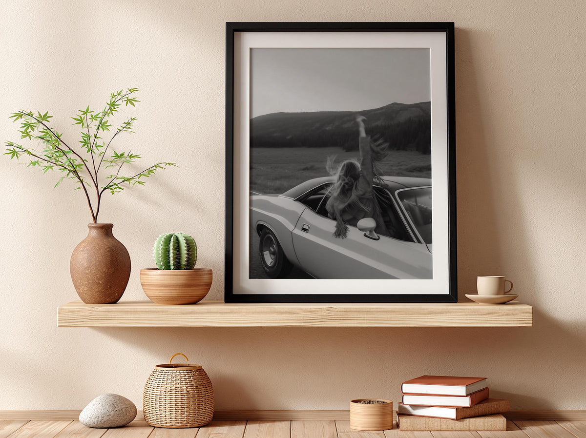 Fringe Jacket Mountain Road Trip Poster | Black and White Photography Print | Western Adventure Wall Art | Vintage Travel Decor