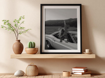 Fringe Jacket Mountain Road Trip Poster | Black and White Photography Print | Western Adventure Wall Art | Vintage Travel Decor