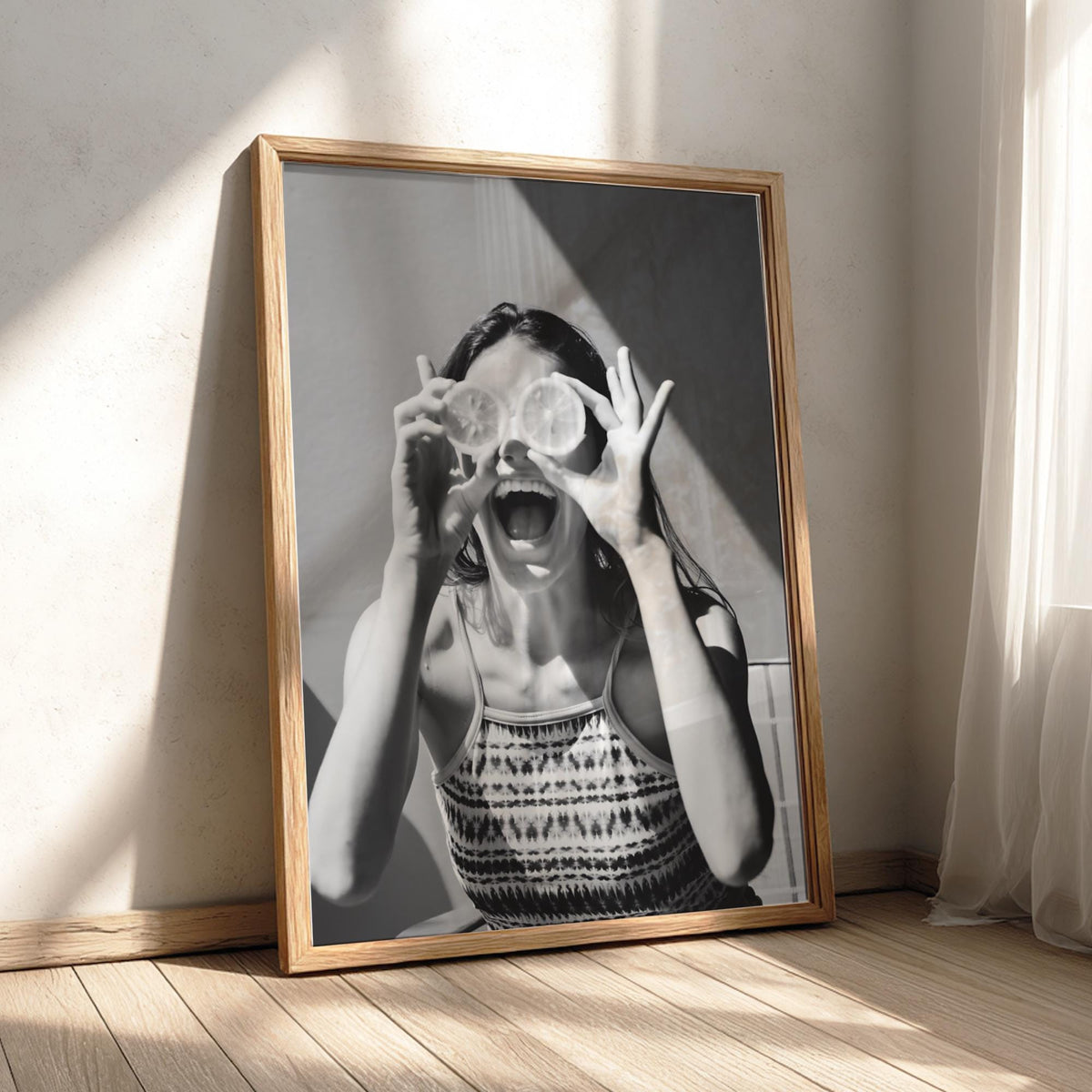 Girl With Citrus Slice Eyes Poster | Black and White Photography Print | Vintage Portrait Wall Art | Retro Fashion Photography Decor