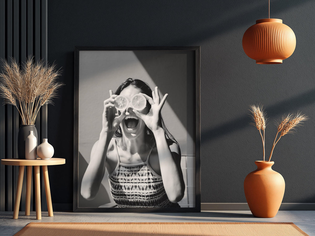 Girl With Citrus Slice Eyes Poster | Black and White Photography Print | Vintage Portrait Wall Art | Retro Fashion Photography Decor