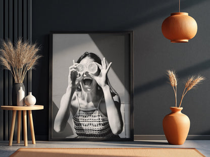 Girl With Citrus Slice Eyes Poster | Black and White Photography Print | Vintage Portrait Wall Art | Retro Fashion Photography Decor