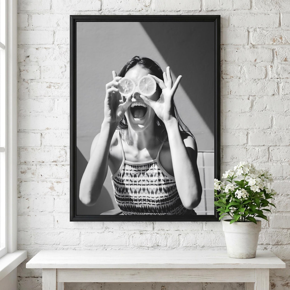 Girl With Citrus Slice Eyes Poster | Black and White Photography Print | Vintage Portrait Wall Art | Retro Fashion Photography Decor