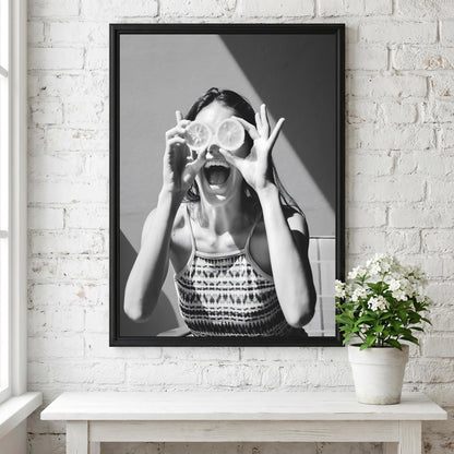 Girl With Citrus Slice Eyes Poster | Black and White Photography Print | Vintage Portrait Wall Art | Retro Fashion Photography Decor