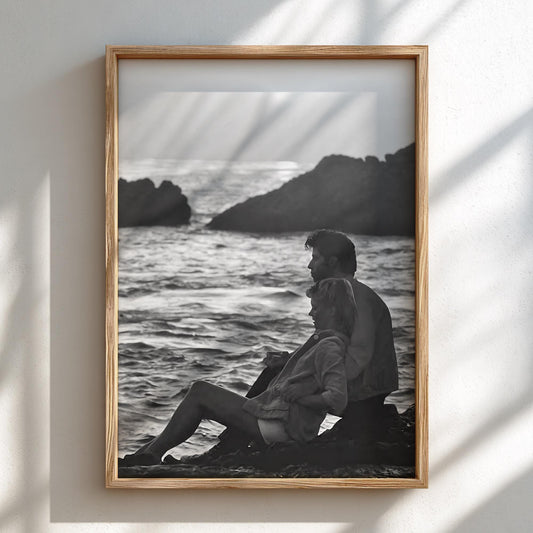 Beach Sunset Silhouette Poster | Black and White Photography Print | Vintage Cinema Style Wall Art | Retro Coastal Decor