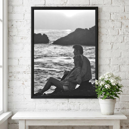 Beach Sunset Silhouette Poster | Black and White Photography Print | Vintage Cinema Style Wall Art | Retro Coastal Decor