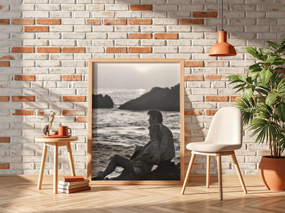 Beach Sunset Silhouette Poster | Black and White Photography Print | Vintage Cinema Style Wall Art | Retro Coastal Decor