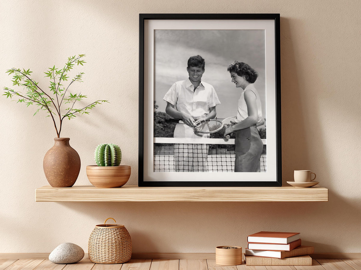 JFK And Jackie Tennis Court Poster | Black and White Photography Print | Vintage Couple Wall Art | Retro Historical Photography