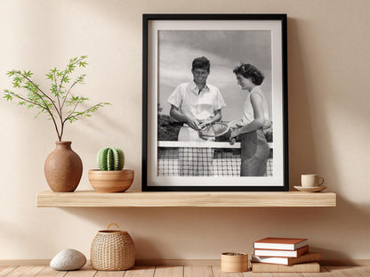 JFK And Jackie Tennis Court Poster | Black and White Photography Print | Vintage Couple Wall Art | Retro Historical Photography