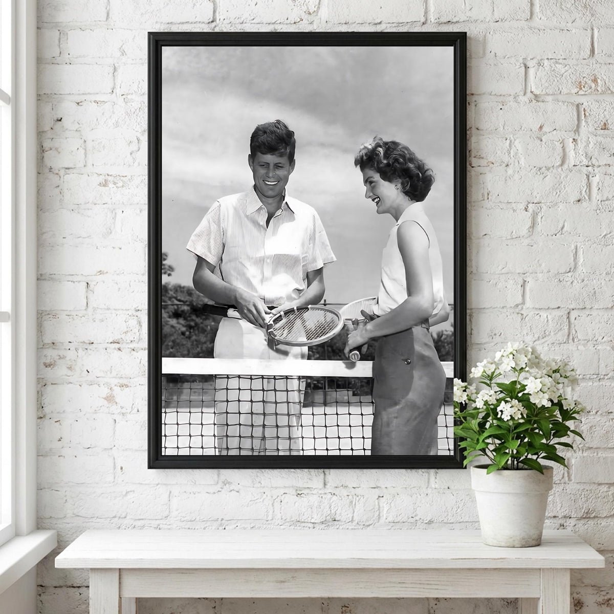 JFK And Jackie Tennis Court Poster | Black and White Photography Print | Vintage Couple Wall Art | Retro Historical Photography