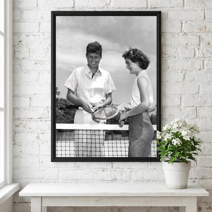 JFK And Jackie Tennis Court Poster | Black and White Photography Print | Vintage Couple Wall Art | Retro Historical Photography