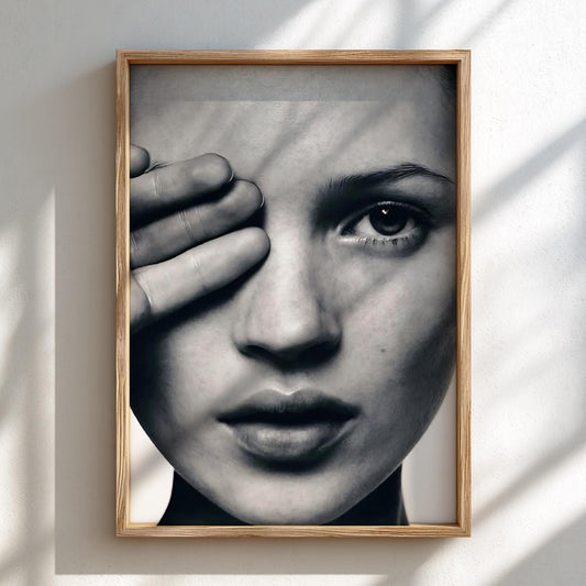 Kate Moss Close Up Portrait Poster | Black and White Photography Print | Vintage Fashion Wall Art | Retro Model Photography Decor