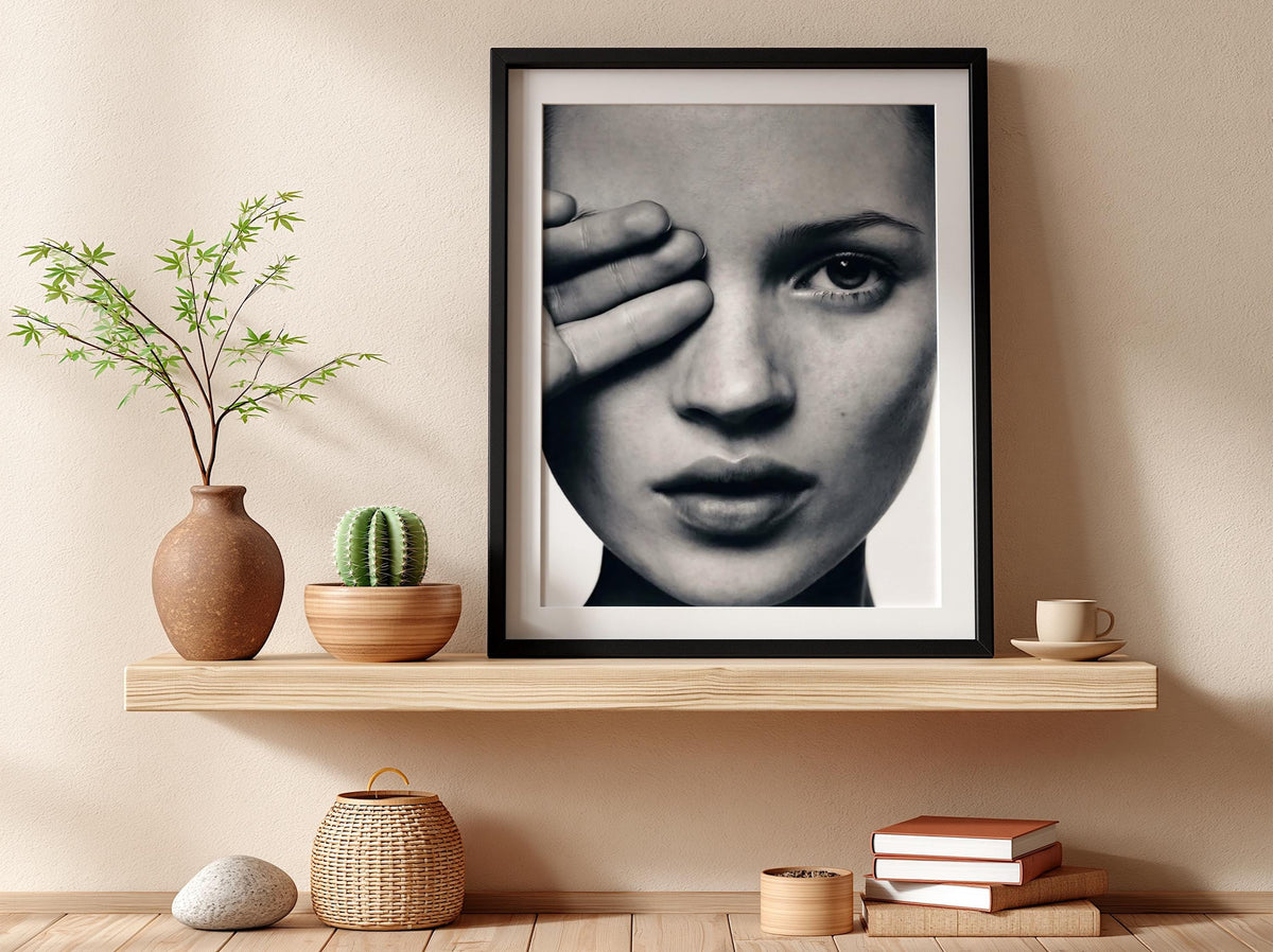 Kate Moss Close Up Portrait Poster | Black and White Photography Print | Vintage Fashion Wall Art | Retro Model Photography Decor
