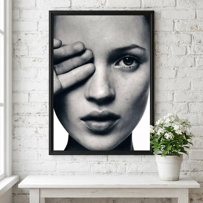 Kate Moss Close Up Portrait Poster | Black and White Photography Print | Vintage Fashion Wall Art | Retro Model Photography Decor
