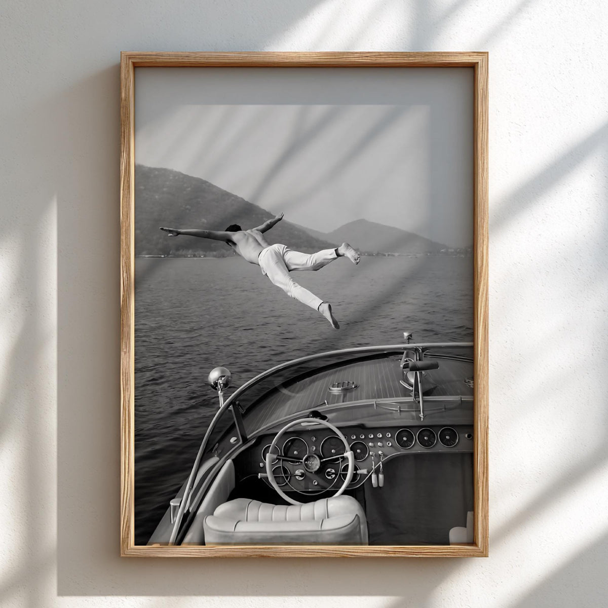 Man Diving Off Vintage Boat Poster | Black and White Photography Print | Retro Ocean Wall Art | Vintage Summer Adventure Decor