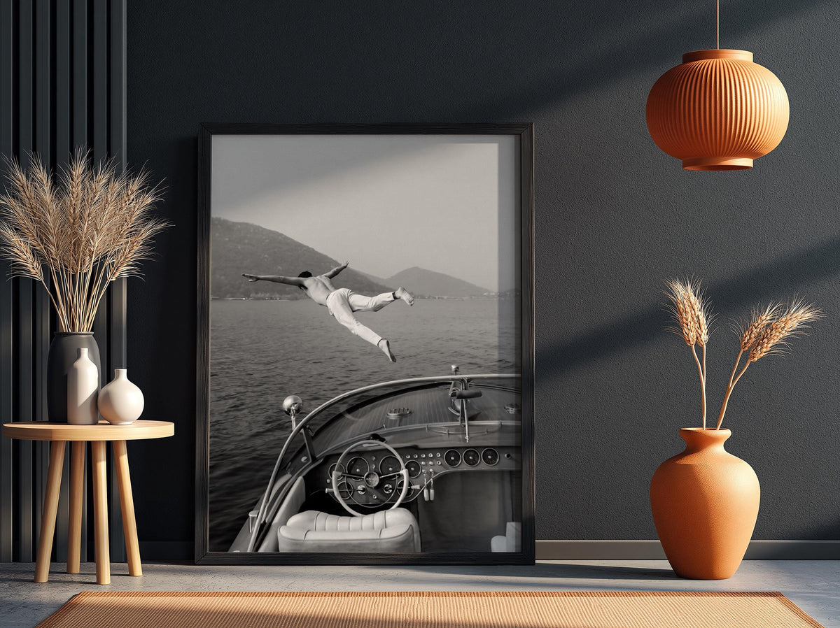 Man Diving Off Vintage Boat Poster | Black and White Photography Print | Retro Ocean Wall Art | Vintage Summer Adventure Decor
