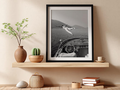 Man Diving Off Vintage Boat Poster | Black and White Photography Print | Retro Ocean Wall Art | Vintage Summer Adventure Decor