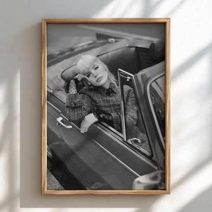 Model In Red Vintage Convertible Poster | Black and White Photography Print | Retro Fashion Wall Art | Classic Car Lifestyle Decor