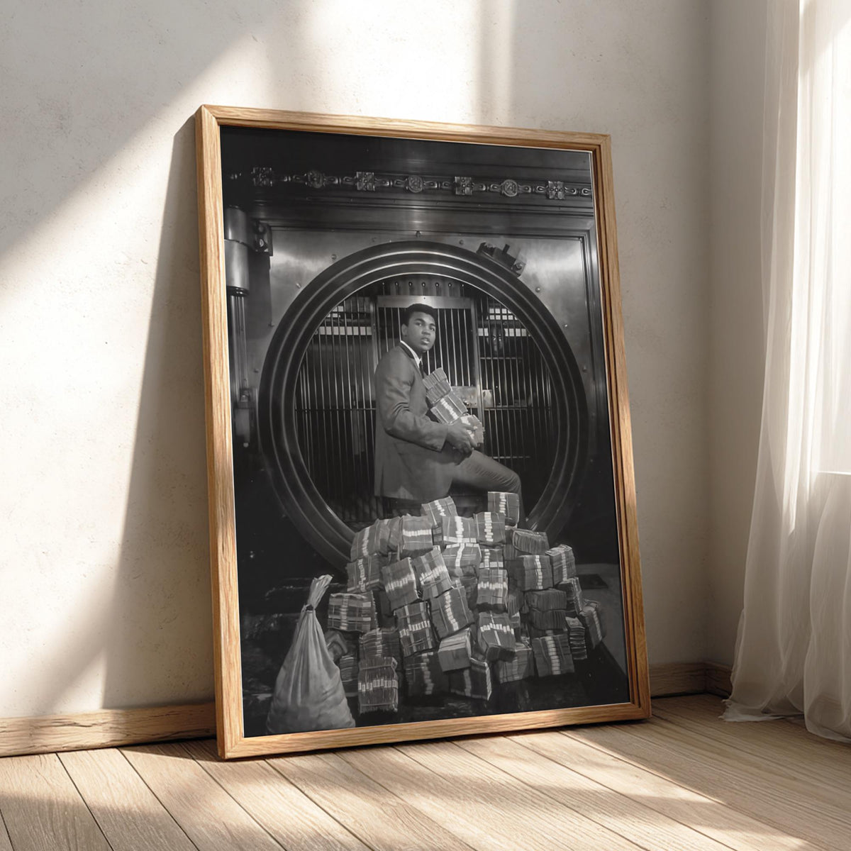 Boxing Legend Bank Vault Scene Poster | Black and White Photography Print | Vintage Sports Wall Art | Retro Luxury Lifestyle Decor