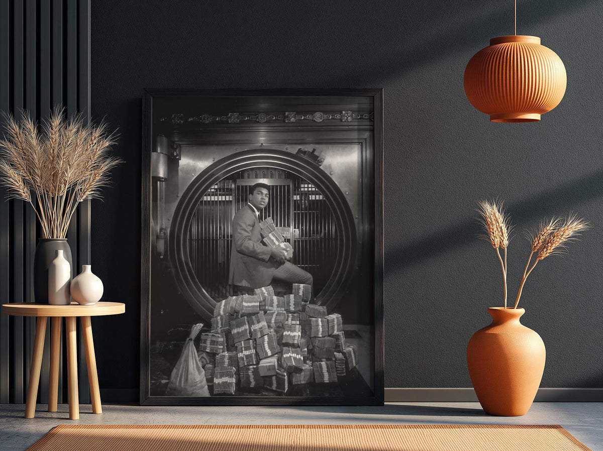 Boxing Legend Bank Vault Scene Poster | Black and White Photography Print | Vintage Sports Wall Art | Retro Luxury Lifestyle Decor