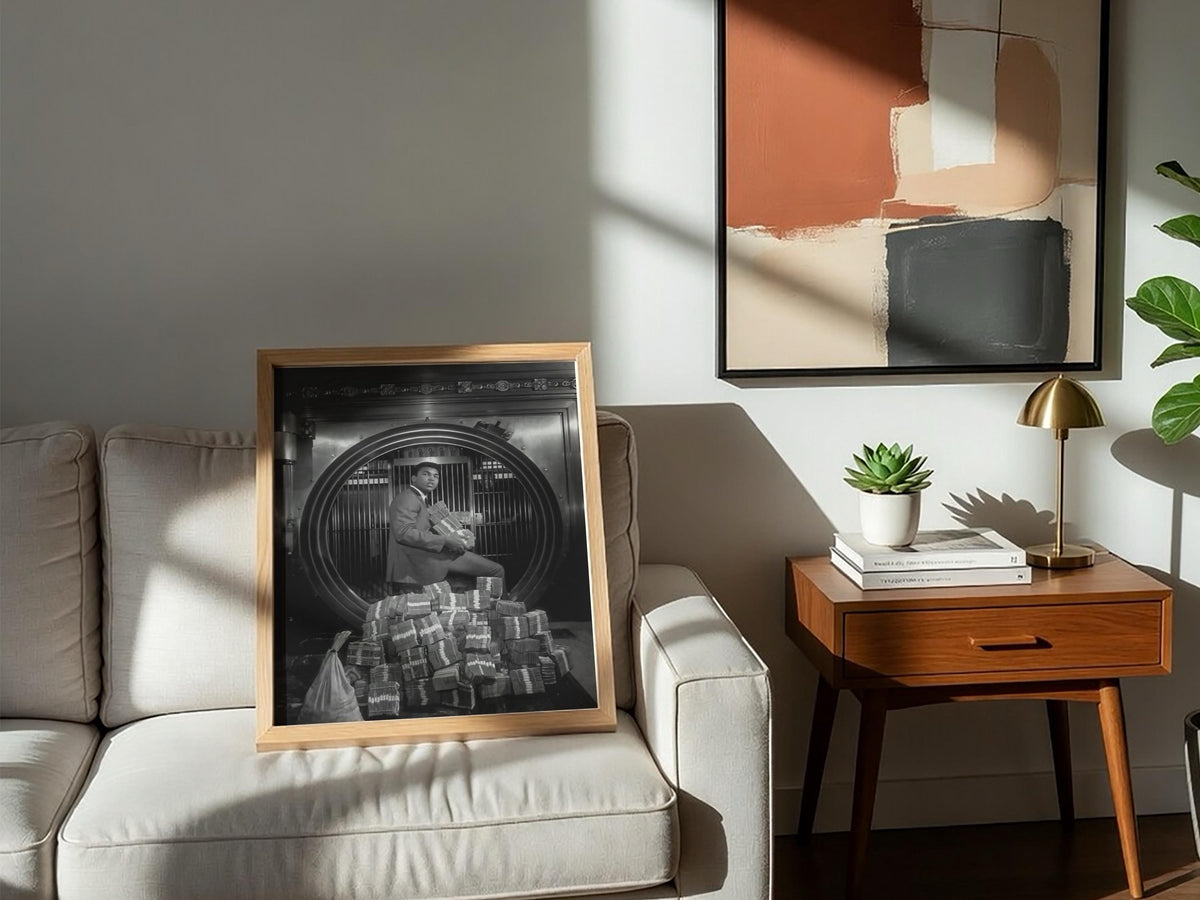 Boxing Legend Bank Vault Scene Poster | Black and White Photography Print | Vintage Sports Wall Art | Retro Luxury Lifestyle Decor