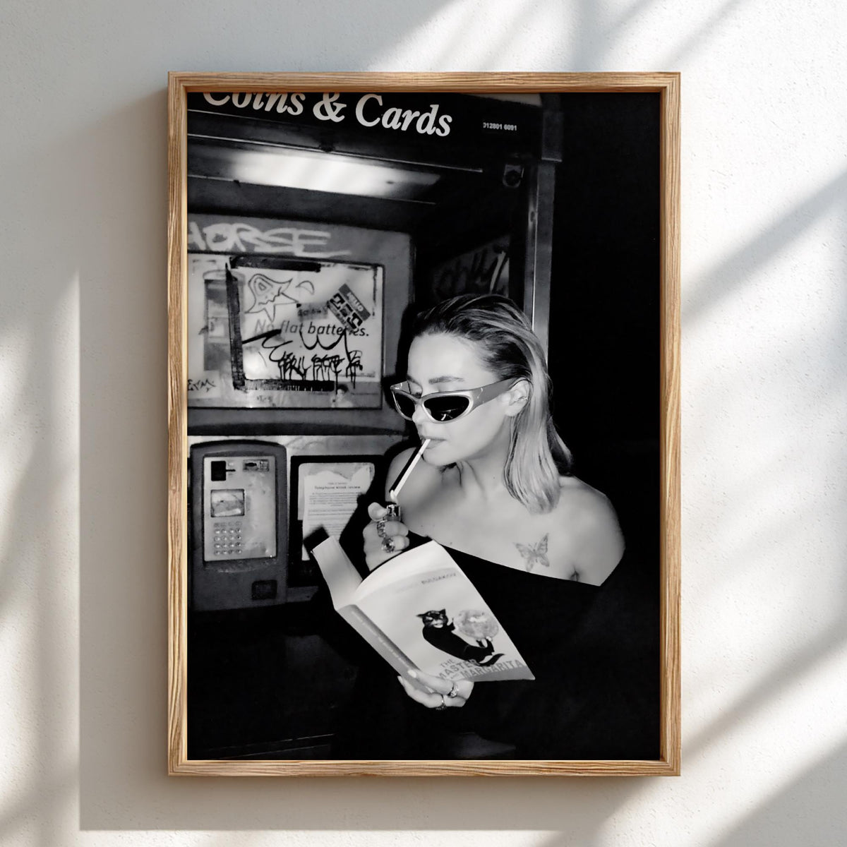 Phone Booth Reader Portrait Poster | Black and White Photography Print | Vintage Street Photography | Retro Urban Wall Art