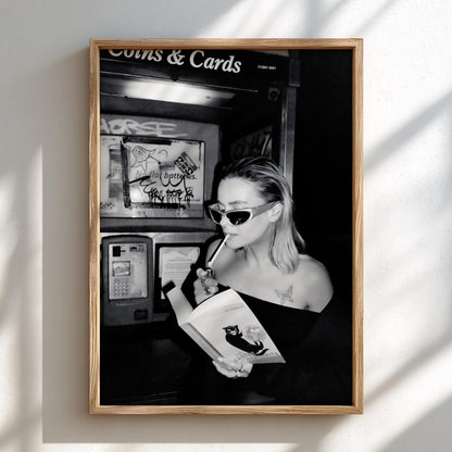 Phone Booth Reader Portrait Poster | Black and White Photography Print | Vintage Street Photography | Retro Urban Wall Art