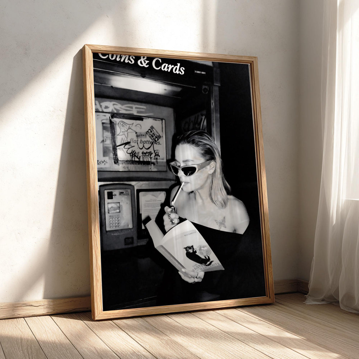 Phone Booth Reader Portrait Poster | Black and White Photography Print | Vintage Street Photography | Retro Urban Wall Art