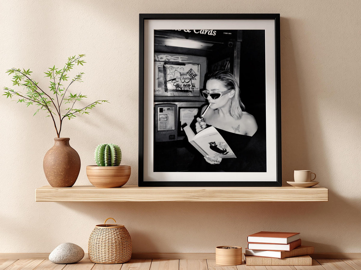 Phone Booth Reader Portrait Poster | Black and White Photography Print | Vintage Street Photography | Retro Urban Wall Art
