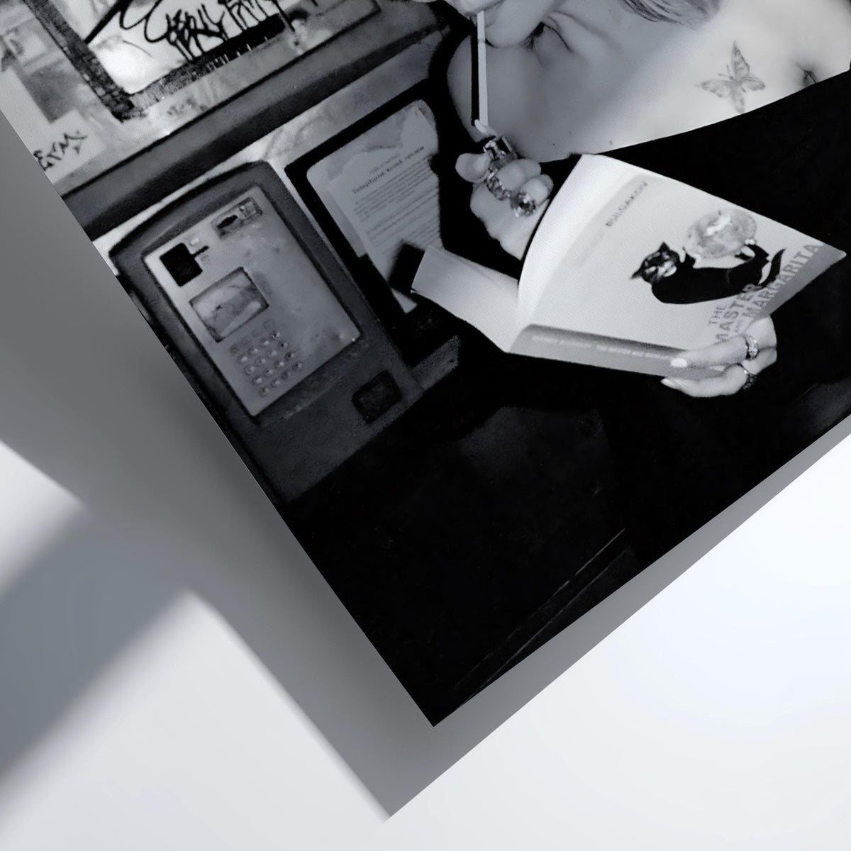 Phone Booth Reader Portrait Poster | Black and White Photography Print | Vintage Street Photography | Retro Urban Wall Art