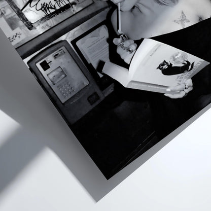 Phone Booth Reader Portrait Poster | Black and White Photography Print | Vintage Street Photography | Retro Urban Wall Art